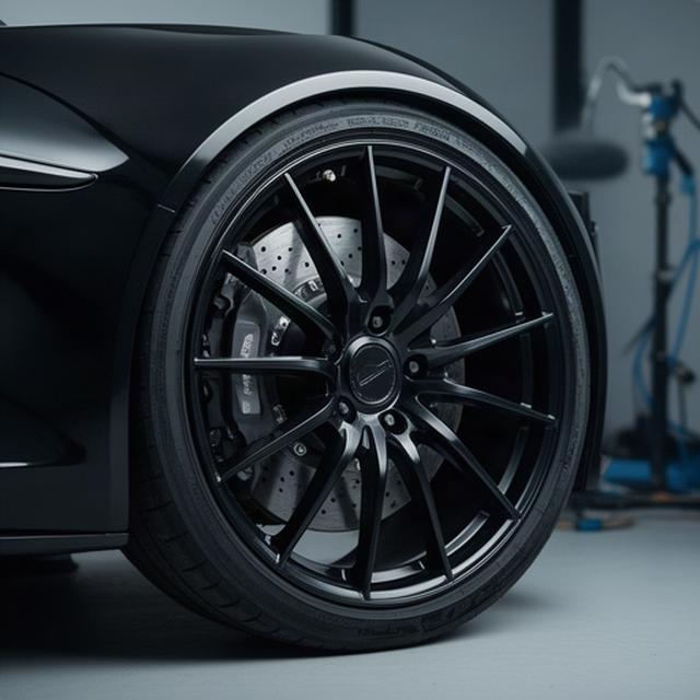 ブレーキダストを除去して整えた高級車の黒いスポーツホイール